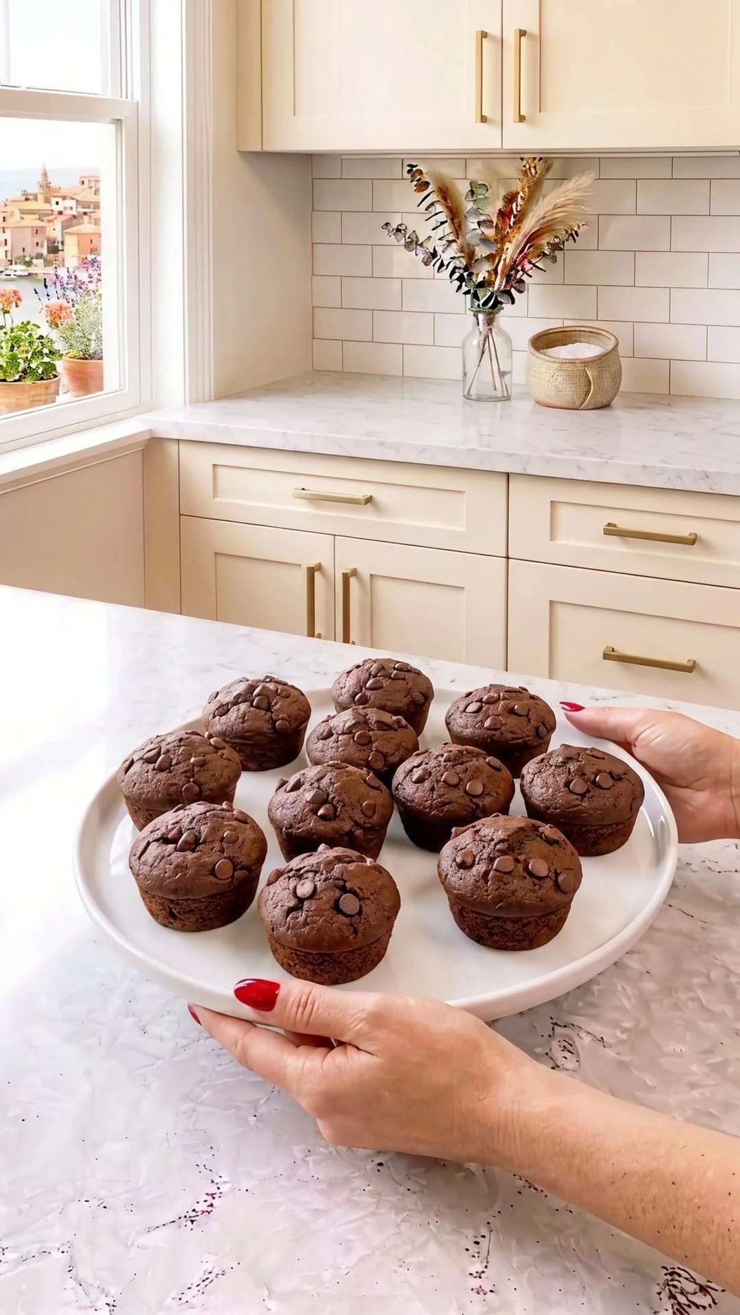 Soft and moist Chocolate Banana Brownie cakes on a plate with chocolate drizzle