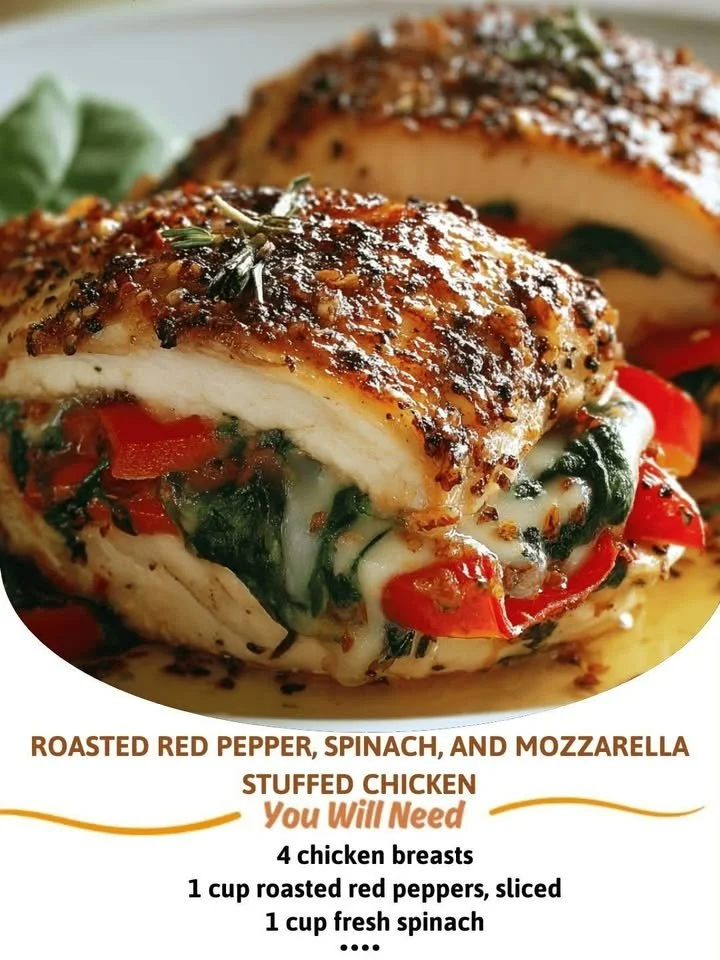 Stuffed chicken breast with roasted red peppers, spinach, and mozzarella cheese