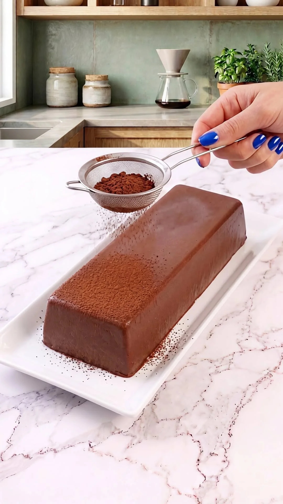Three-Ingredient Cold Chocolate Cake topped with chocolate and fresh cream