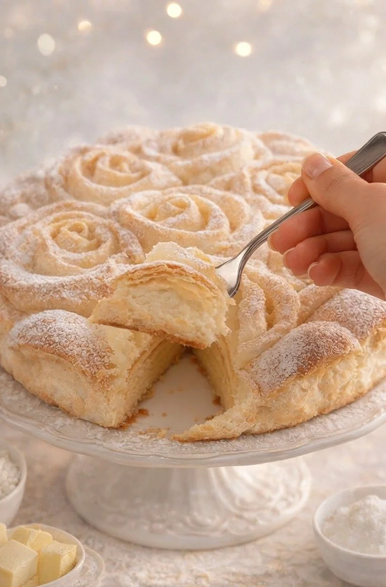 Torta di Rose decorata con zucchero a velo e fiori eduli