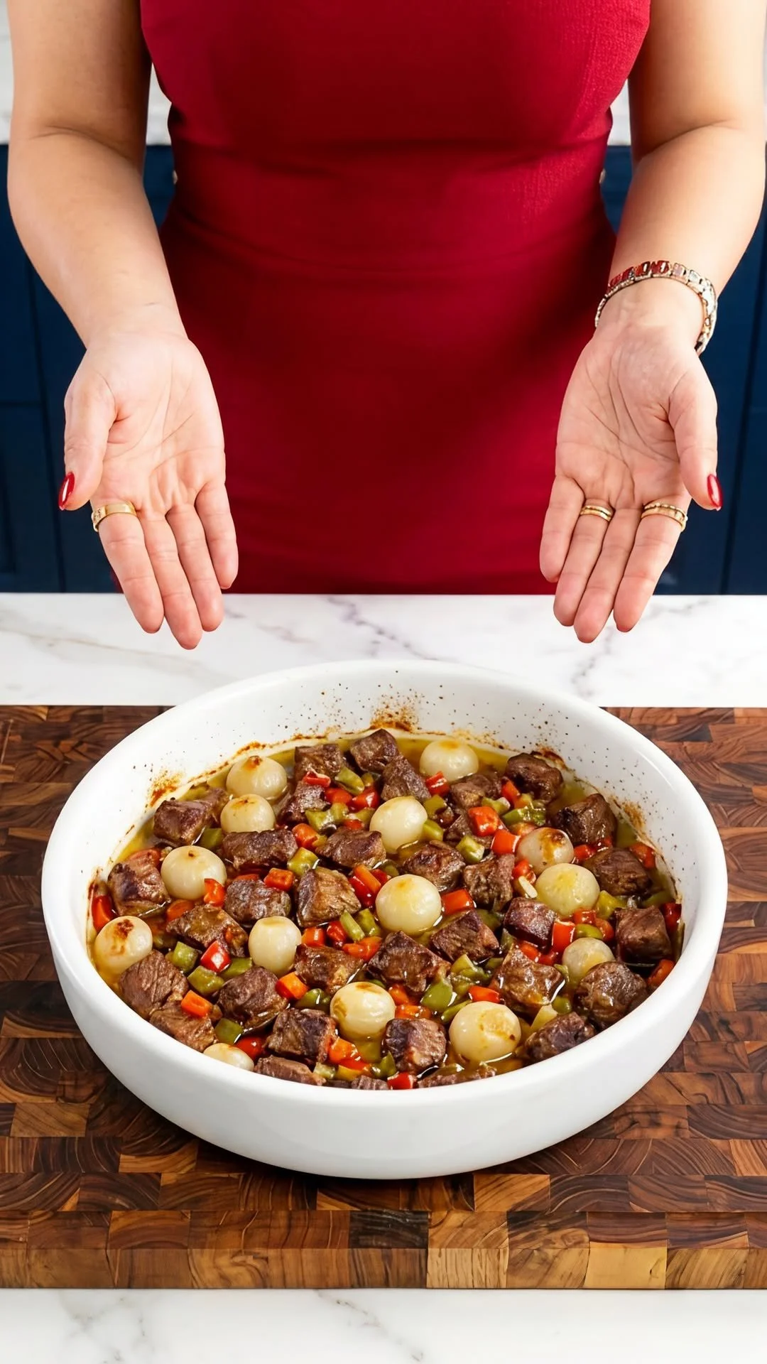 Turkish-style beef casserole served in a rustic dish with herbs and spices