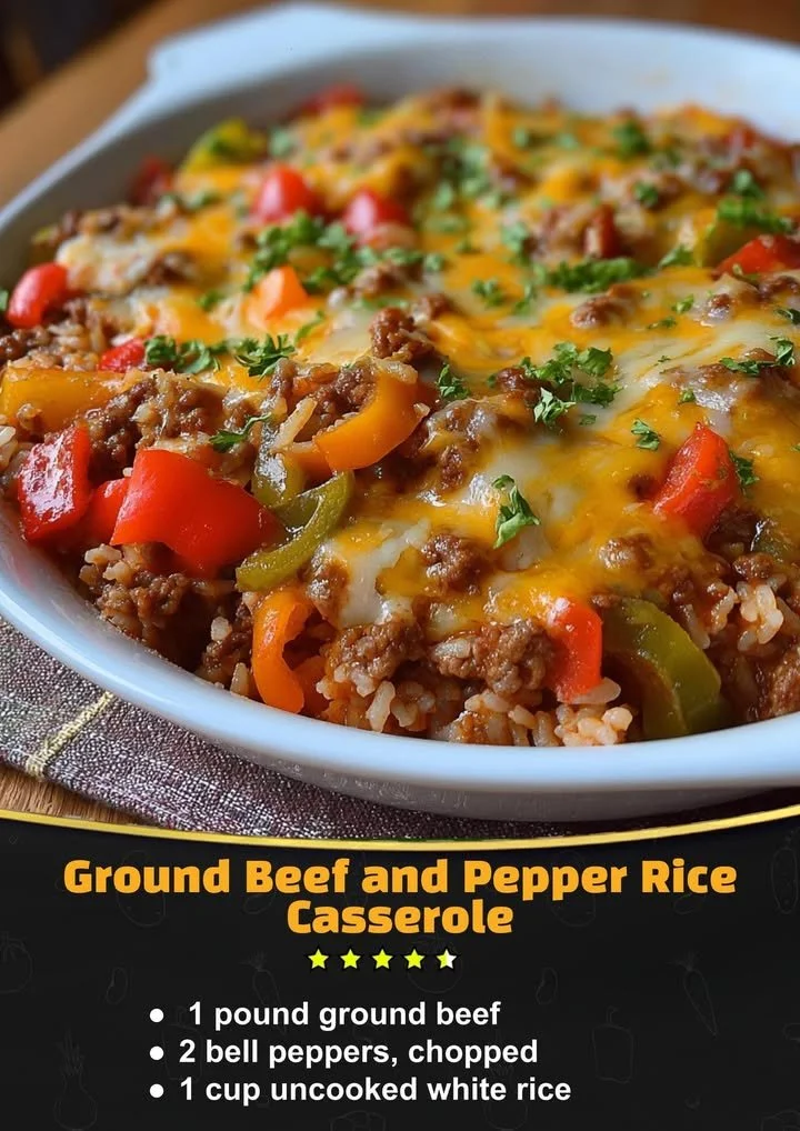Dish of weeknight stuffed pepper casserole with beef and colorful bell peppers